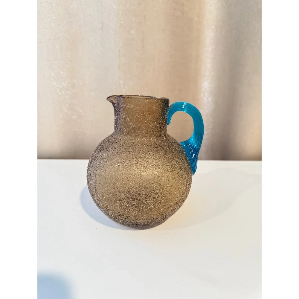 Antique 1860s‎ Overshot Glass Pitcher Amber Turquoise Blue Applied Handle 19th C